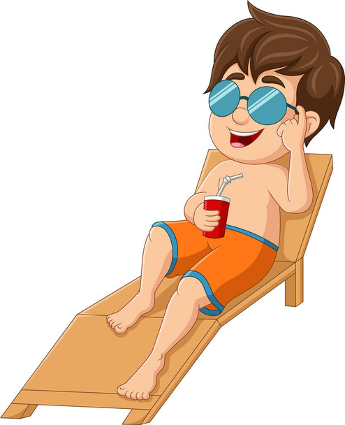 Vector illustration of Cartoon little boy relaxing with soda drink on beach chair - Vector, Image