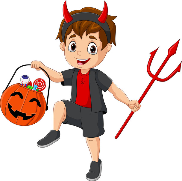 Ilustración vectorial del niño de dibujos animados disfrazado de diablo sosteniendo una lucifer y una cesta de dulces en calabaza - Vector, imagen