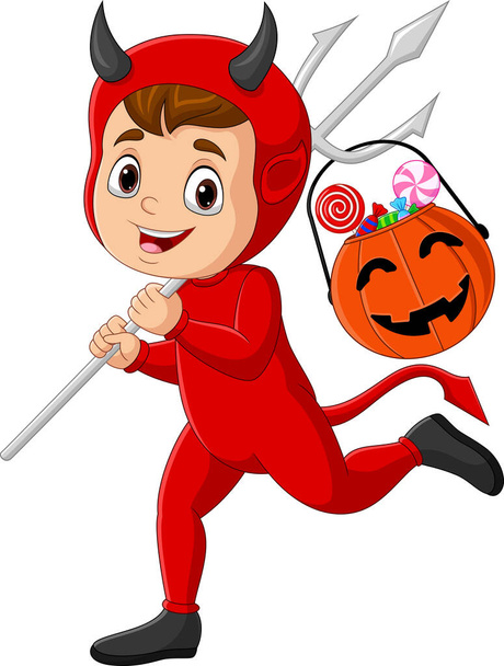 Vector illustration of Cartoon red devil carrying candy in a pumpkin basket - Vector, Image
