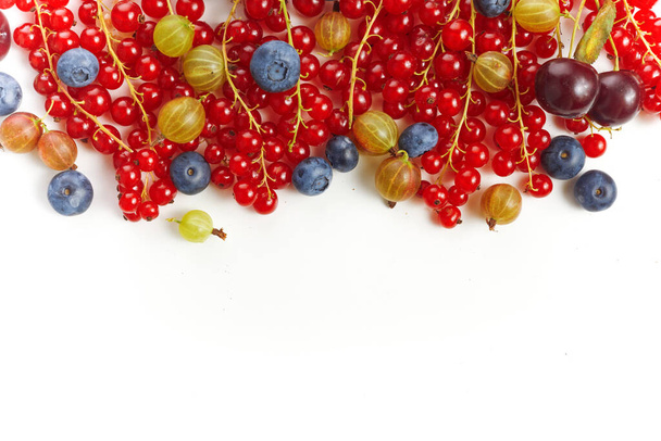 Various fresh summer berries frame on white background. Top view. - Photo, Image