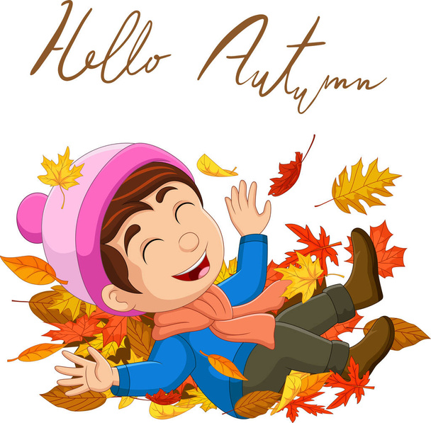 Vector illustration of Cartoon happy little boy with autumn leaves - Vektor, kép