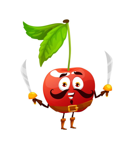 Cartoon funny cherry pirate with sabers, cute character of red berry corsair. Vector fruit food emoji with mustache, beard and Caribbean pirate swords. Happy smiling cherry buccaneer, piracy - ベクター画像