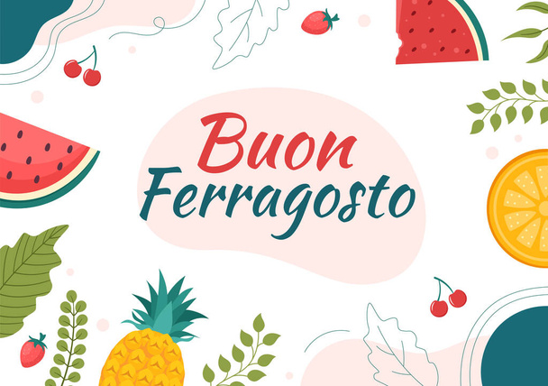 Buon Ferragosto Italian Summer Festival Beach Cartoon kuvitus Public Holiday vietetään 15 elokuu tasainen tyyli suunnittelu - Vektori, kuva