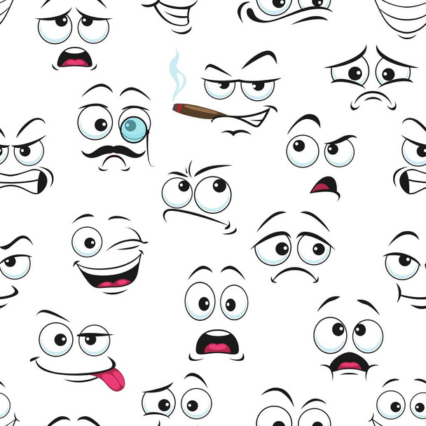 Smile face pattern, funny emoticons and happy emoji, vector seamless background. Cute smile characters pattern of cartoon kawaii emoticons laugh or scared, smoking cigar and with monocle or tongue out - Vector, afbeelding