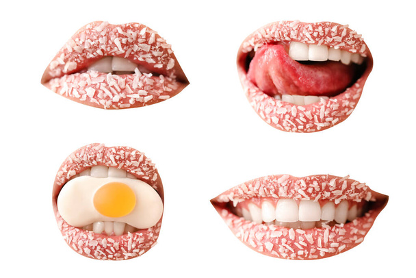 Set of beautiful female lips with coconut shavings on white background - Foto, imagen