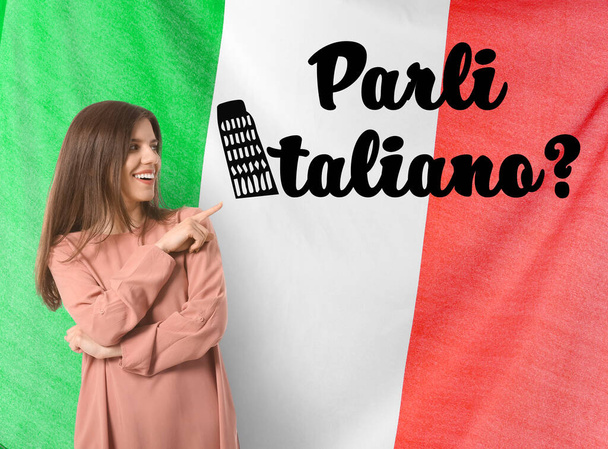 Portrait of young woman and text PARLI ITALIANO? (DO YOU SPEAK ITALIAN?) against flag of Italy - Zdjęcie, obraz