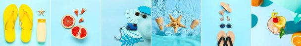 Schöne Sommer-Collage auf blauem Hintergrund - Foto, Bild