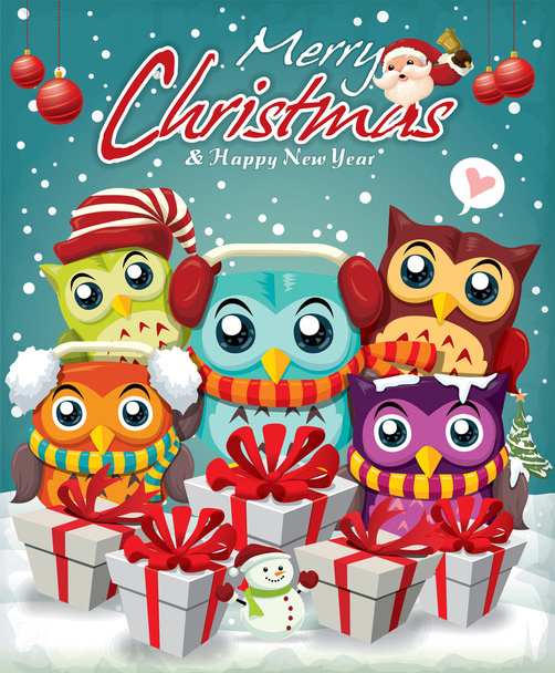 Vintage Christmas poster design with owls - Vektor, Bild