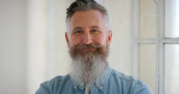 Stylish hipster man with beard smiling cheerfully in his house after getting life insurance. Face portrait of a happy, cool and trendy mature man standing at home looking at camera with grey hair. - Séquence, vidéo