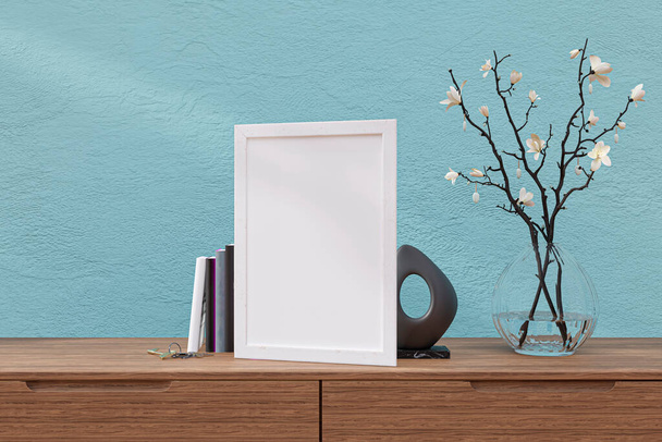 3d rendered illustration of  picture frame mockup on a wooden sideboard. - Foto, afbeelding