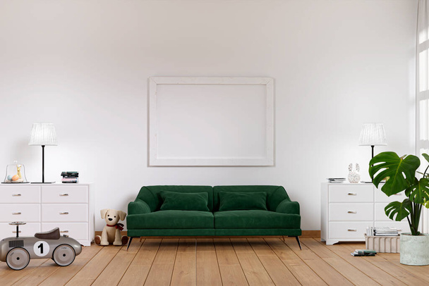 3D gerenderte Illustration einer Bilderrahmen-Attrappe in einem sonnenbeschienenen Wohnzimmer.  - Foto, Bild