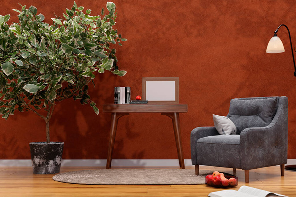 3d rendered illustration of a grey sofa sofa in a cozy living room.  - 写真・画像