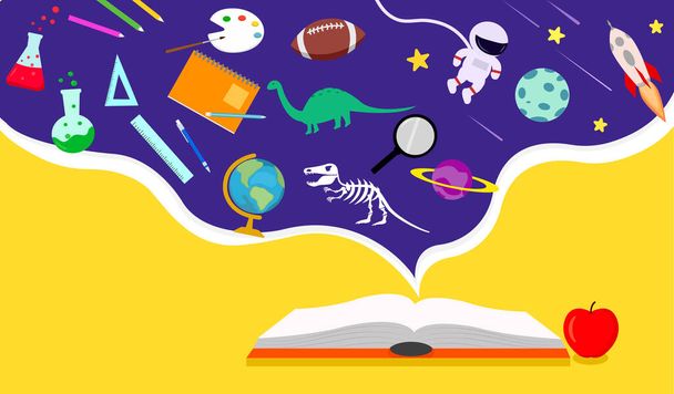 Colorful back to school banner poster, open book and apple on yellow background with purple space dreaming imagination of knowledge education icons, reading is inspiration of kid, vector illustration.  - Vektori, kuva