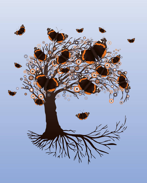 Een levensboom, ook wel yggdrasil genoemd, met vanessa atalanta vlinders in de kroon. De wortels van de boom zijn zichtbaar. - Vector, afbeelding
