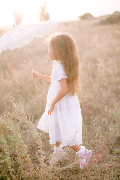 A cute little girl with long blond curly hair in a white summer dress and a straw boater hat with a white lace umbrella in a field in the countryside in summer at sunset. Nature and Ecolife - Foto, Imagem