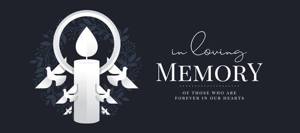 In loving memory, of those who are forever in our hearts text and white paper candle light and white birds fly around on circle leaf wreath on dark background vector design - Vector, imagen