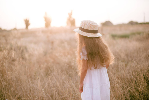 A cute little girl with long blond curly hair and her mother in a white summer dress and a straw boater hat in a field in the countryside in summer at sunset. Nature and Ecolife - Foto, Bild