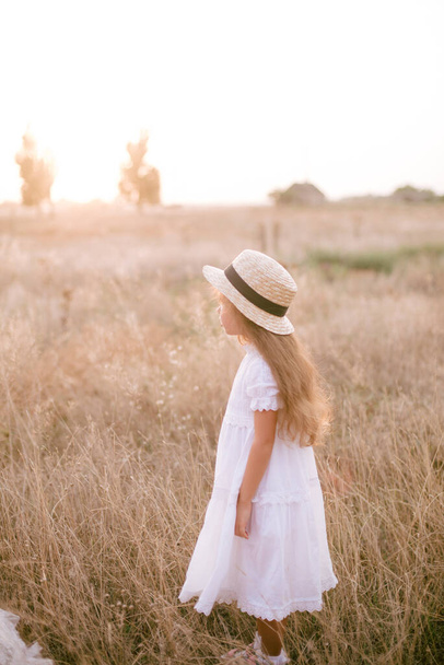 Roztomilá holčička s dlouhými blonďatými kudrnatými vlasy a její matka v bílých letních šatech a slaměným kloboukem na loďce na louce na venkově v létě při západu slunce. Nature and Ecolife - Fotografie, Obrázek