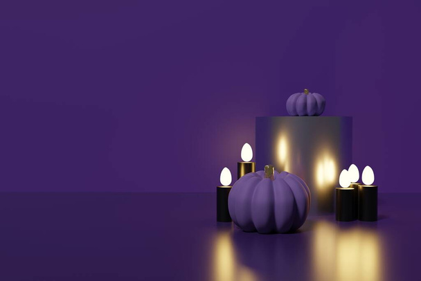 3D-weergave van paars podium op een donker paarse achtergrond met zwarte kaarsen en pompoenen voor uw Halloween geïnspireerd project - Foto, afbeelding