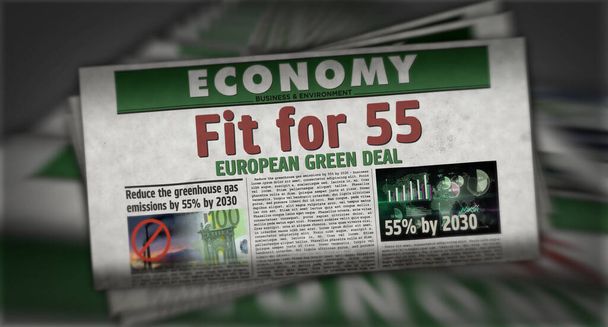 Alkalmas 55 európai zöld megállapodáshoz, és csökkenti az üvegházhatást okozó gázok kibocsátását. Újságpapír. Vintage sajtó absztrakt koncepció. Retro 3d renderelés illusztráció. - Fotó, kép