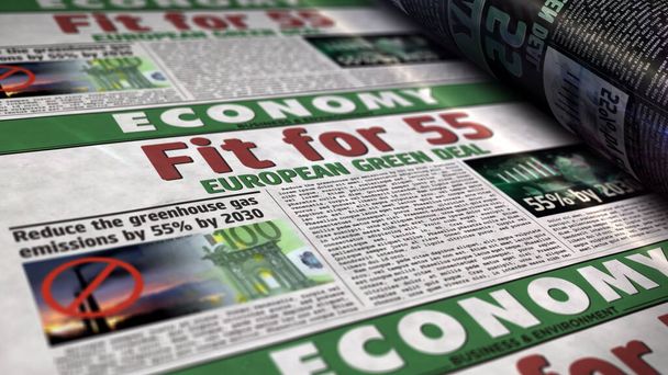 Fit for 55 European Green Deal and reduce the greenhouse gas emissions. Newspaper print. Vintage press abstract concept. Retro 3d rendering illustration. - Photo, Image