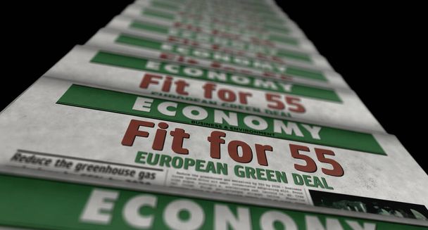 55 Avrupa Yeşil Anlaşması 'na uygun ve sera gazı emisyonlarını azaltacak. Gazete baskısı. Klasik basın soyut kavramı. Retro 3d canlandırma çizimi. - Fotoğraf, Görsel
