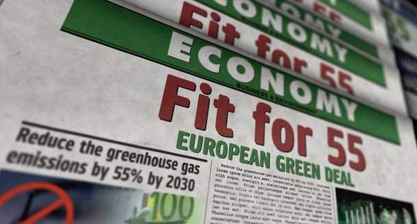 55 Avrupa Yeşil Anlaşması 'na uygun ve sera gazı emisyonlarını azaltacak. Gazete baskısı. Klasik basın soyut kavramı. Retro 3d canlandırma çizimi. - Fotoğraf, Görsel