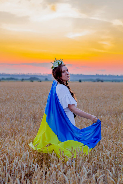 Happy girl in national Ukrainian embroidered shirt with wreath on his head hold large yellow-blue flag against background of spikelets of wheat field. Independence Day. Glory to Ukraine. Patriotism - Φωτογραφία, εικόνα