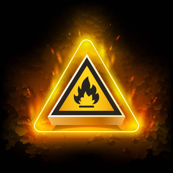 Yellow Neon Fire Warning Sign on Grunge Background. Attention Label Glow On The Wall. Flammable, inflammable substances vector icon. - Vector, Image