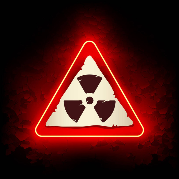 Red Neon Radiation Risk Sign on Grunge Background (en inglés). La etiqueta de atención brilla en la pared. - Vector, imagen