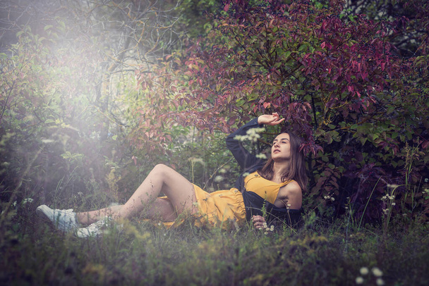 Kauniin nuoren naisen muotokuva värikkäässä syksyn metsässä, romanttinen hetki - Valokuva, kuva