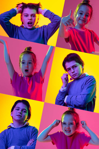 Childrens positive and negative emotions. Set of portraits of little cute kids, boys and girls isolated on yellow-pink background in neon light. Education, facial expression and childhood concept. - Fotó, kép