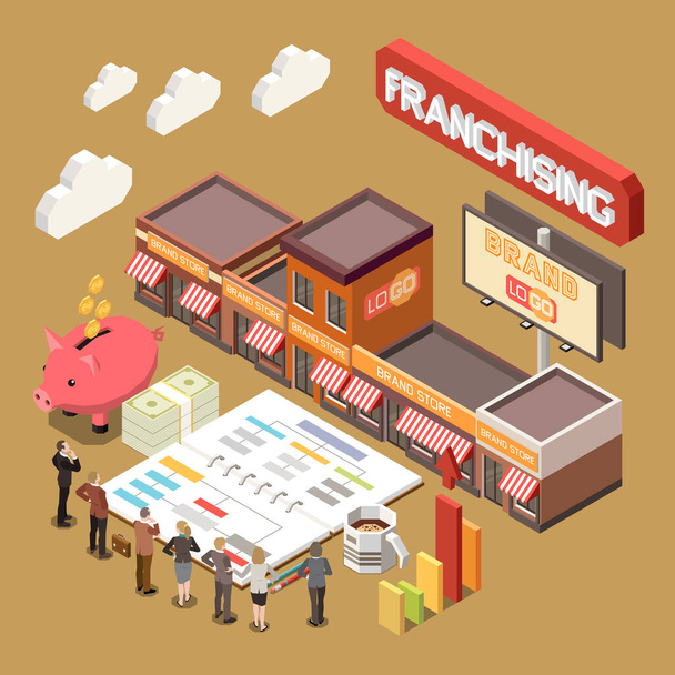Franchising isometric background with business model of branch network finance profit and royalties icons vector illustration - Vector, afbeelding