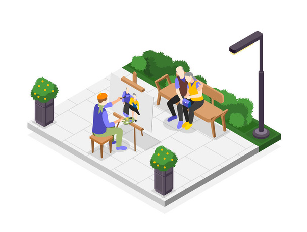 Street artists isometric composition with piece of urban park scenery and painter character portraying loving couple vector illustration - Vector, Image