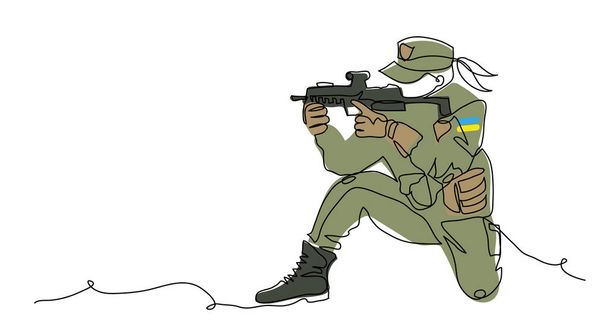 Ukrainian soldier girl with weapon. Vector illustration. One continuous line art drawing of soldier girl. - Vector, Imagen