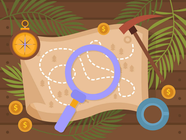Treasure hunt flat composition with top view of magnifier on map with compass and mattock vector illustration - Vector, Image