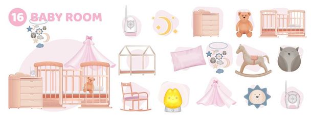Realistic baby room composition set of furniture items toys interior elements babyphone isolated on white background vector illustration - Vektor, Bild