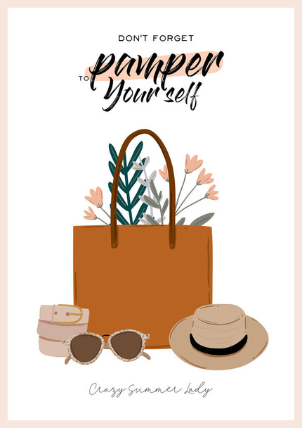 Summer fashion outfit set. Trendy woman clothes, underwaer, swimsuit, hat, bag, shoes, accessories. Beauty quotes. Vector illustration. - Vector, afbeelding