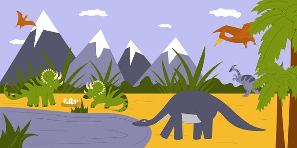 Fond coloré de dessin animé dinosaure avec des personnages animaux anciens volant et blindés illustration vectorielle plate - Vecteur, image