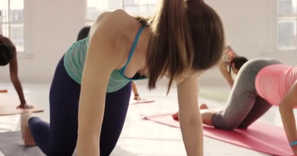 Yoga stüdyosunda birlikte egzersiz yapan bir grup genç kadının 4K video görüntüleri.. - Video, Çekim