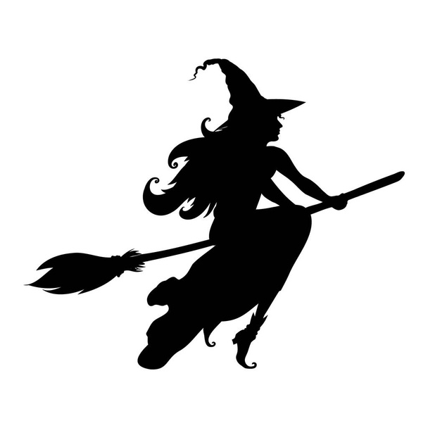 Silhouette of beautiful witch flies on a broomstick. - Vector, Image