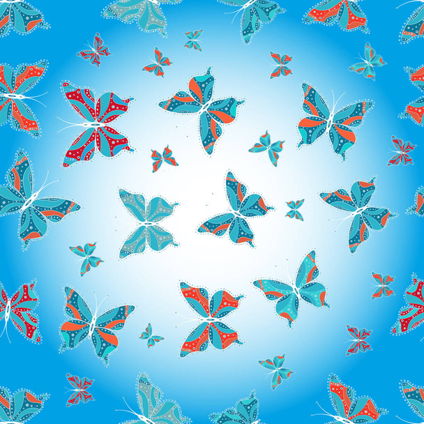 Fantasy cute illustration. Of watercolor butterflies on blue, white and neutral background. Abstract seamless pattern for boys, girls, clothes, wallpaper. - Photo, image