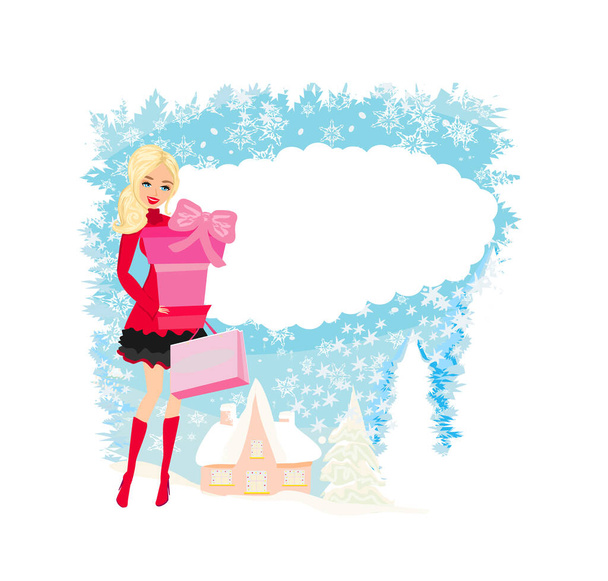 Beautiful girl on Christmas shopping - Christmas card with space for text  - Vector, Image