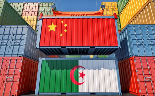 Cargo containers with China and Algeria national flags. 3D Rendering - Foto, afbeelding