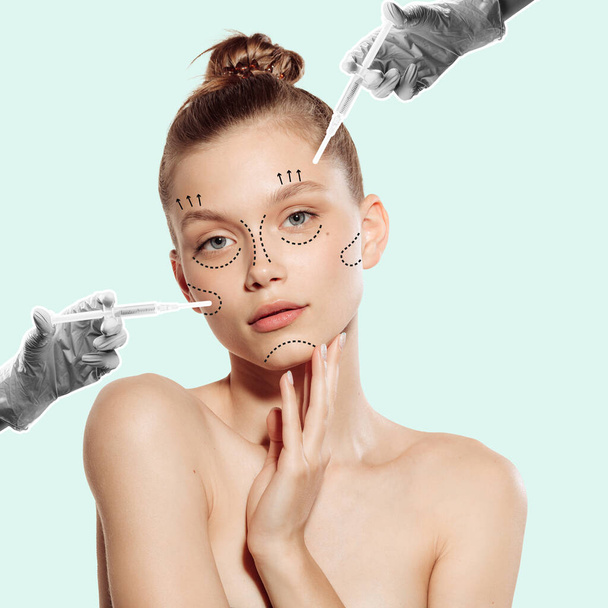 Contemporary art collage. Young woman doing cosmetological injections on face to reduce mimic wrinkles and make lifting effect. Concept of beauty, plastic surgery, medicine, clinical cosmetology, ad - Foto, Imagen
