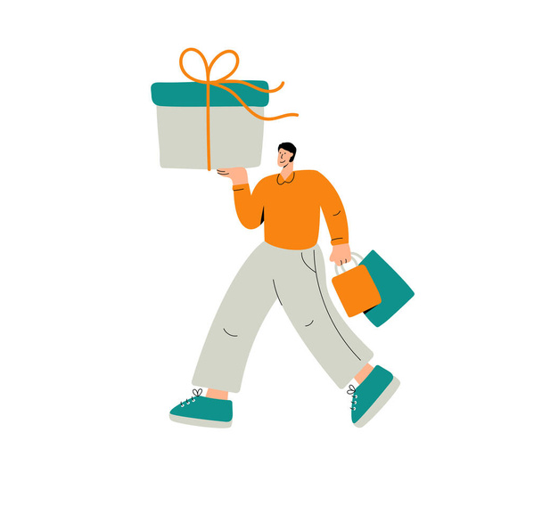 Vector hand drawn male character carrying gift box and bags from shop. Man people returning from supermarket with purchase. Holiday or birthday activity in flat style. - ベクター画像