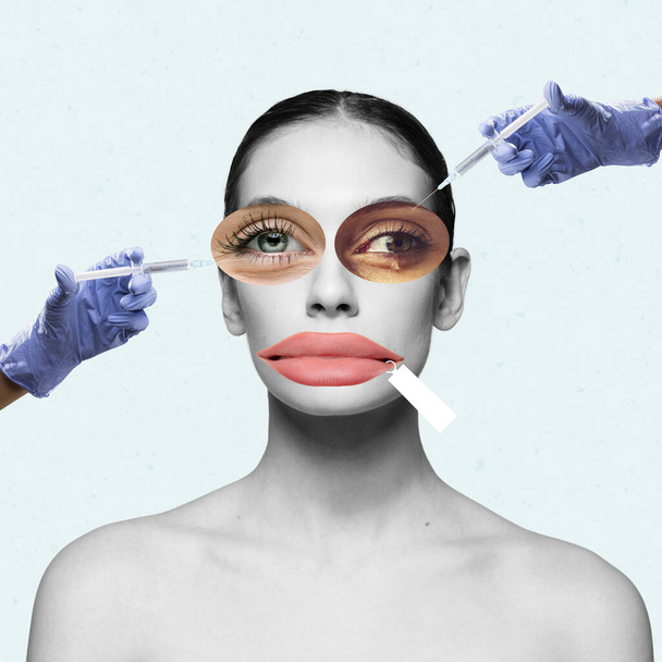Contemporary art collage. Young woman doing face plastic surgery according to modern beauty standards. Blind trend following. Concept of beauty, plastic surgery, medicine, clinical cosmetology, ad - Fotografie, Obrázek