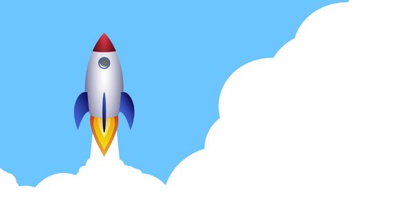 launching space rocket against blue sky with copy space in clouds, vector illustration - Wektor, obraz
