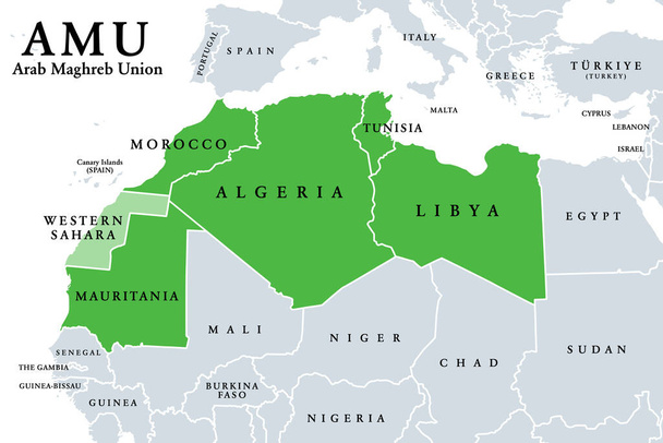 Unia Maghrebu Arabskiego, mapa polityczna państw członkowskich AMU. Po prostu Unia Maghrebu, MU, umowa handlowa o unii politycznej i gospodarczej między państwami arabskimi, znajdująca się głównie w Maghrebie, w Afryce Północnej. - Wektor, obraz