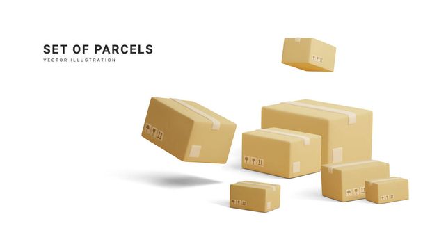 Set of parcels. Template of shopping packages. Cardboard boxes for packing and transportation of goods. Vector concept illustration. - Vector, imagen